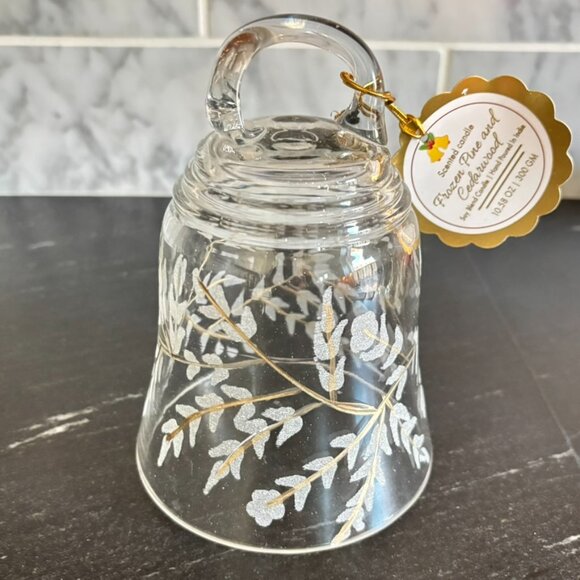 SALE  Etched Glass Bell Cloche Candle Pine Cedarwood Scented Soy Wax Gold Jar - Picture 10 of 11